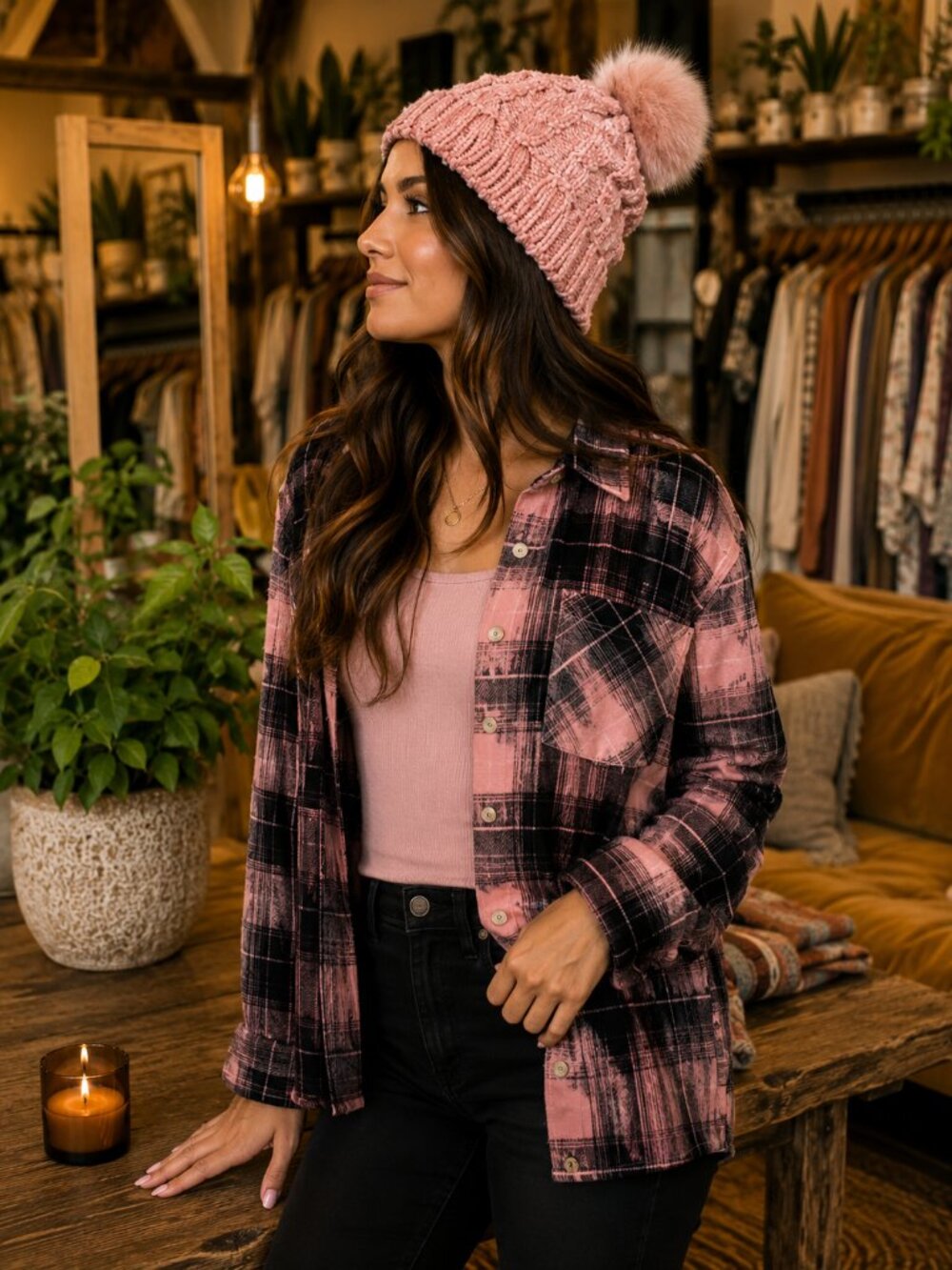 Blush Pink Chenille Cable Knit Beanie - Picture 1 of 3